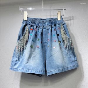 Dames jeans 2024 zomer zware industrie strass tassel kralen denim shorts dames broek vrouwelijke korte Jean -studenten