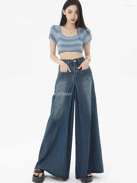 Jeans para mujer 2024 verano retro americano cintura alta suelta cortina arrastrando piso pantalones de pierna ancha diseño femenino ins marea pantalón falda