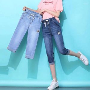 Jeans para mujeres 2024 Summer Pequeños Pequeños Femeninos Pantalones de mezclilla casuales elásticos de la ternera hasta la ternera S978