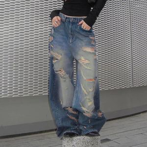 Jeans pour femmes 2024 Torn Street Trend Super Cool à faire vieux lâche jambe large taille basse rétro printemps femmes y2k trou