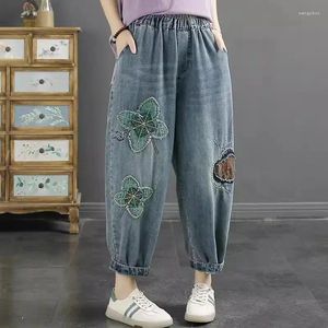 Dames jeans 2024 water gewassen gebleekte geborduurde lente en herfst retro casual elastische elastische high taille losse harlan broek