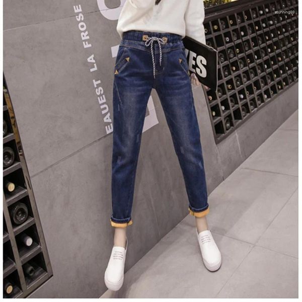 Jeans de femme 2024 hiver taille élastique cheville longueur velours femmes haute lâche cousual droit chaud pantalons cordons neuf plus taille