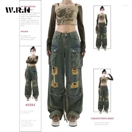 Jeans féminins 2024 Hiver Vintage lâche Harajuku Y2k Hollow Out Pantes Pantalons larges Ligne haute taille Baggy Ripped Denim Tableau
