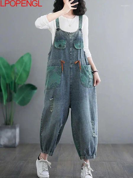 Jeans para mujeres 2024 Moda de moda Summer Couts Literario Vintage Impresión Grandeo Grandeo Gran Streetwear Maneveless Lose de mezclilla