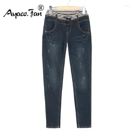 Dames jeans 2024 dames dames maat 5xl hoge taille gewassen donkerblauw bekraste denim broek rechte jean femme voor
