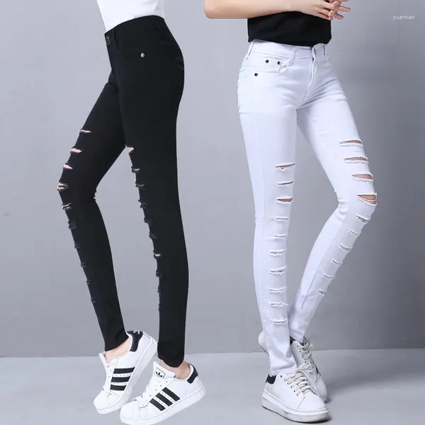 Jeans pour femmes 2024 femmes pantalons skinny filles trous genoux crayon décontracté coton noir blanc râpé lu986