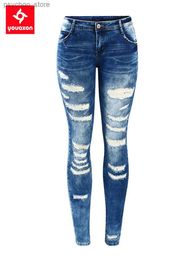 Damesjeans 2045 Youaxon damesmode blauwe laagbouw skinny noodlijdende gewassen stretch denim jeans voor dames gescheurde broek Q230901