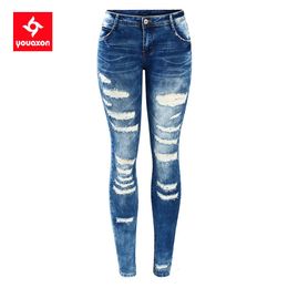 Jeans para mujeres 2045 YouAxon Moda Blue Blue Low Rise Skinny Distaded Stretch Denim Jeans para Pantalones rasgados para mujeres 230927