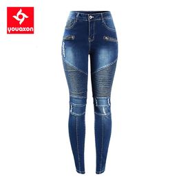 Damesjeans 2077 Youaxon Damesmode Motor Biker-stijl Jeans Middelhoge taille Denim skinny broek Jeans voor dameskleding 230927