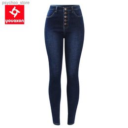 Jeans Femme 2141 Youaxon nouveau jean chaud taille haute pour femmes extensible bleu foncé bouton mouche Denim pantalon slim pantalon Q230901