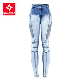 Vaqueros de mujer 2236 Youaxon llegó talla europea, vaqueros de motor para mujer, 5 bolsillos, elásticos, lavados con lejía, pantalones vaqueros ajustados para mujer, caída 231121