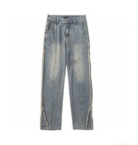 Damesjeans 23ss hoge versie B familie herfst en winter unisex paarstijl modieuze casual gegolfde noodlijdende jeans LC6J