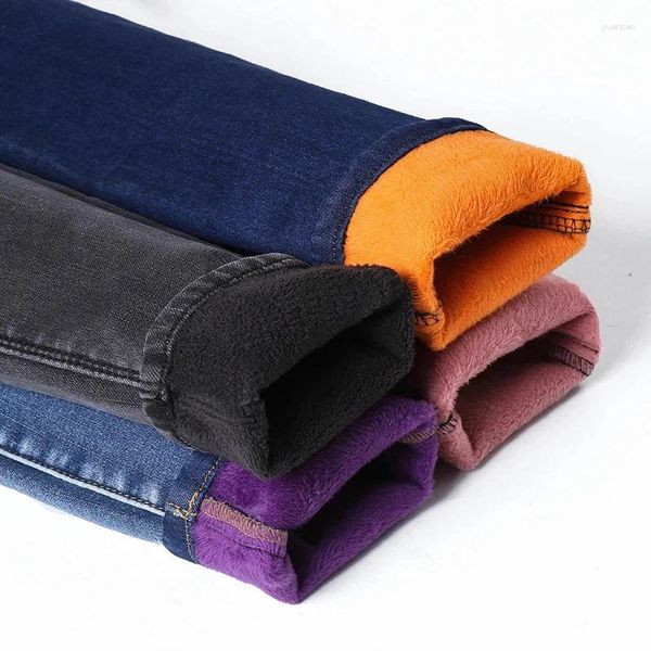 Jeans para mujer 26-40 Tamaño Invierno Mujeres Colorido Fleece Terciopelo Alto Cintura Denim Pantalones Estiramiento Cálido Lápiz Pantalones Gruesos Flacos