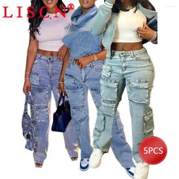 Jeans pour femmes 5 articles en vrac en gros Iots Cargo à jambes larges 2024 Femmes Vêtements Poches pleine longueur Pantalon en denim Y2K Casual Wear Sexy K12892