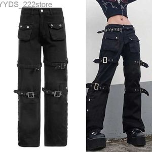 Damesjeans 50JB Dames Zwarte vracht jeans met meerdere zakken metalen gesp rechte broek YQ240423