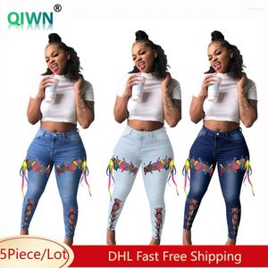 Damesjeans 5 -stks Bulk -item Groothandel Women Sexy Hollow Out gescheurde bandage denim broek voor hoge taille bodycon gat potloodbroek 8235