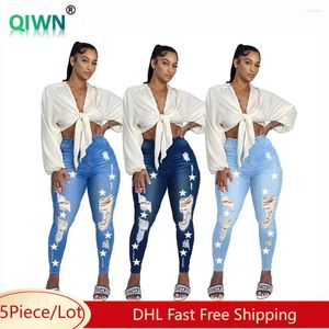 Damesjeans 5 -stks bulk items groothandel dames gat gescheurd stretch cowboy denim potloodbroek ster printen hoge taille broek 8227