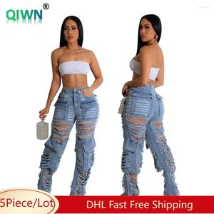 Damesjeans 5 -stig bulk groothandel gat vrouwen sexy holle out lading broek casual straat hoge taille recht gewassen denim broek 10387