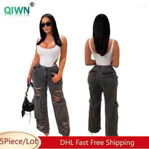 Jeans pour femmes 5pcs en gros cargo femme multi-poche lavé pantalon denim street sexy creux de pantalon à jambe droite