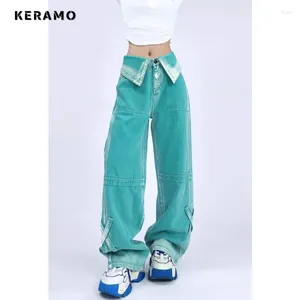 Jeans pour femmes, pantalon droit vert taille haute, Vintage, Style de rue, mode coréenne, jambes larges, Grunge Baggy Y2K, Denim