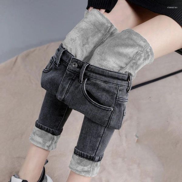Jeans pour femmes automne et hiver plus velours extérieur taille haute denim tenue de femme épaississement serré élastique tout-match pantalon crayon