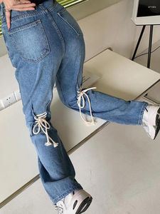 Jeans Femme Adagirl Bow Bandage Pleine Longueur Femmes Bleu Denim Pantalon à Jambes Larges À Lacets Printemps Style Coréen 2023 Mode Alt Cowboy