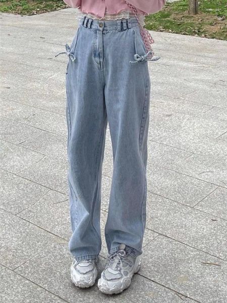 Jeans Femme Adagirl Kawaii Bow Femmes Bleu Clair Large Jambe Surdimensionnée Pantalon Streetwear Style Coréen Solide Lâche Pantalon Pleine Longueur 2023