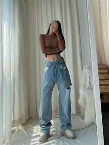 Jeans pour femmes Adagirl déchiré pour les femmes irrégulière évider haute taille denim pantalon dames style coréen casual pantalon droit hip hop