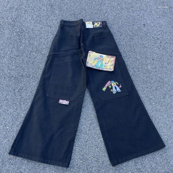 Jeans pour femmes conception de personnage de personnage de dessin animé noir jnco haute taille femme y2k hip hop street polyvalent pantalon de jambe large