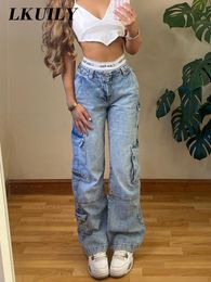 Jeans femme esthétique Vintage Cargo pantalon Y2k taille haute droite Baggy décontracté Chic fausses fermetures éclair poche femme pantalon 230306