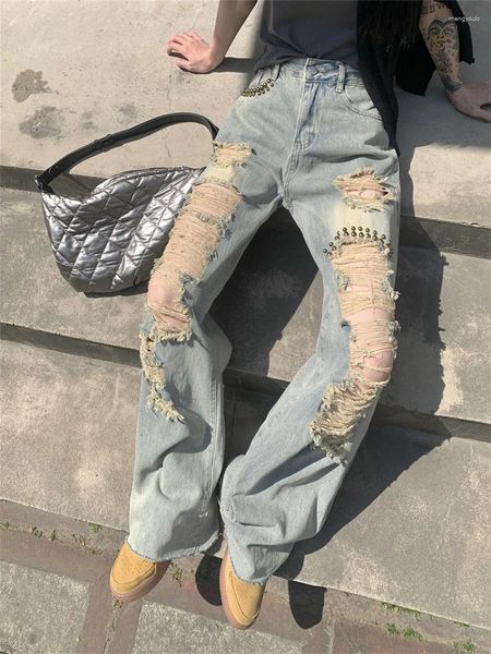 Jeans féminins Alien Kitty Autumn Hole Streetwear Femmes High Waist Straight Loose 2024 LEG LAG Chic Slim Vintage Office Wear Daily Pantal