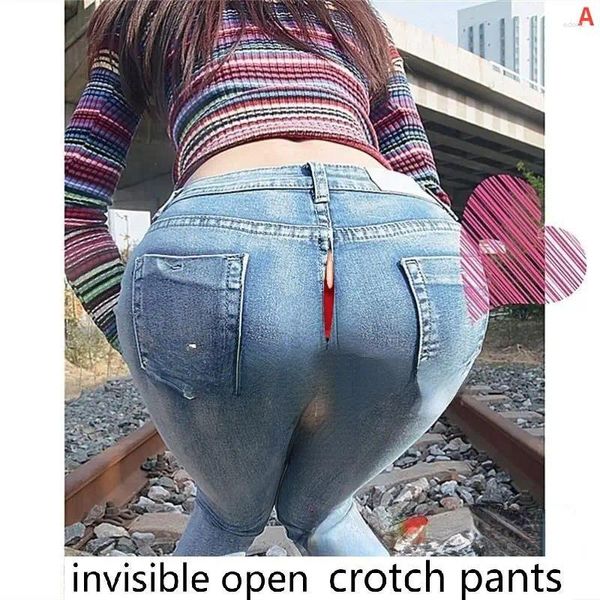 Jeans pour femmes tous les pantalons à fermeture éclair Invisible entrejambe ouvert Sexy Couple rencontres affaires évider entrejambe ouvert maigre