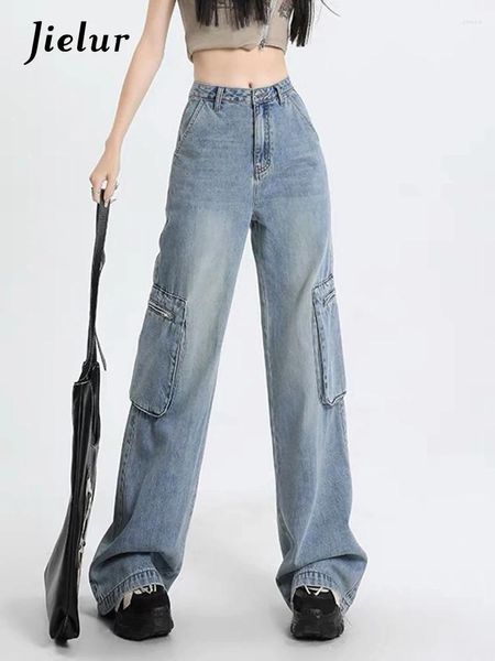 Jeans pour femmes taille haute américaine automne streetwear droit ample chic poches bleu clair décontracté femme pantalon cargo