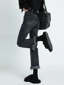 Damesjeans American High Tailed Tassel Edge Skinny Vintage Street Vrouwelijk Micro -broek Wijd been rechte denim broek