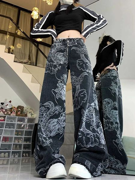 Jeans pour femmes Jean imprimé dragon hip-hop américain pour femmes Y2K mode de rue taille haute pantalon large ample pantalon de clown de mode décontracté J240217