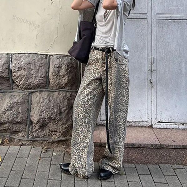 Jeans pour femmes American Leopard Wash Femmes Y2K Rétro Street Girl Lâche Style Coréen Casual Taille Haute Droite Denim Pantalon
