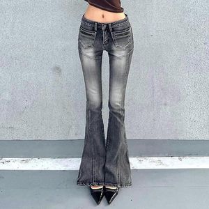 Jeans para mujer American Low Cintura Lavado Blanco Acampanado 2024 Spicy Girl Design Pocket Split Line Slim Fit Casual Denim Pantalones para mujeres