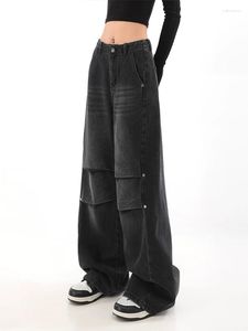 Jeans Femme Américain Rétro Baggy Noir Pantalon Large Jambe Taille Haute Plissée Pleine Longueur Pantalon en Coton Gyaru Corée Mode Streetwear Gothique