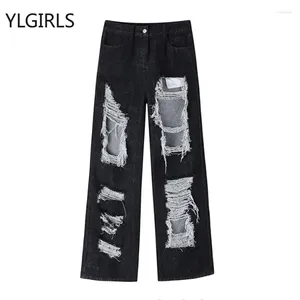 Jeans féminins American rétro Baggy Black Black Wide Jam Le jambe Ripped Hole High Taist Full Longueur Ins Korea Fashion Y2K Streetwear