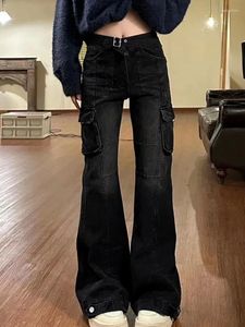 Jeans féminins American Retro Black Flare High Street Office Lady Slim Bell Bottoms avec plusieurs poches de mode de mode de mode