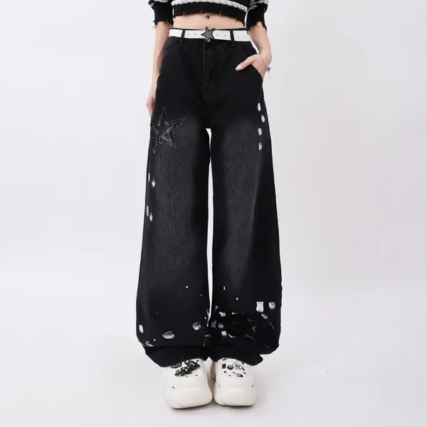 Vaqueros de mujer Retro americano estrella de cinco puntas salpicando diseño de tinta ropa Casual de cintura alta pantalones rectos de pierna ancha