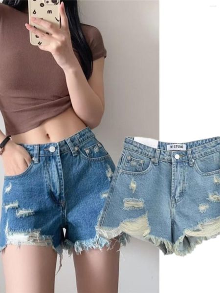 Pantalones Vaqueros De Mujer Retro Americano De Cintura Alta Hacen Pantalones Cortos De Mezclilla Viejos Rasgados A Juego Pantalones Atractivos De Corte A De Pierna Ancha De Tiro Alto De Aspecto Delgado