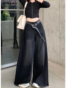 Jeans pour femmes American Retro Taille haute surdimensionnée pour femmes Casual Baggy Poche Y2K Pantalon large jambe Grunge Noir Glands Denim Pantalon