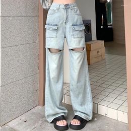 Jeans féminins American Retro Retro High-Waisted Women Summer 2024 Ripped Loose Wide-Gegd Full Longle Color Color Pockets pantalon Femme