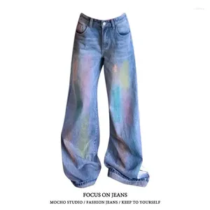 Jeans femeninos American Retro Gran tamaño lavado y antiguo Tie-Dye Denim Denim Femenino Fino Fino Dragging pantalones 2024