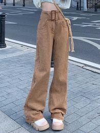 Damesjeans Amerikaanse retro mini-jeans dames hoge taille herfst en winter ontwerp gevoel niche bruine rechte high street broek trend J240306