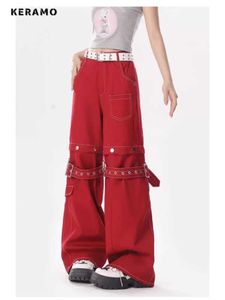 Damesjeans AMERIKAANSE RETRO RED HOOG HOOG TRANSCHAAG JEANS Dames Hip-Hop Pockets Pants 2024 Spring Casual Y2K Grunge Street Denim Trouser 240423