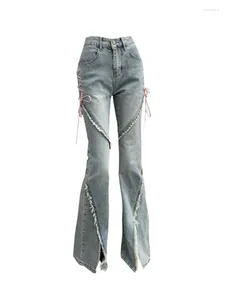 Jeans pour femmes American Retro Slim Denim Pantalon High Street Flare Office Lady Mode Simple Blue Bell Bottoms Cross Bandage Classique Marée