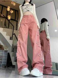 Jeans féminins American rétro STEARMBROIDDEDEDEDED PINK Jeans HARAJUKU FEMPS HIGHT HIGHED LOBE LORT LEG LAG PANTAL 2024 C240411
