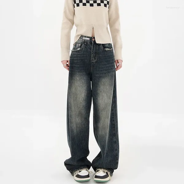 Jeans para mujer American Retro Streetwear Baggy para mujeres Y2k Pantalones de mezclilla lavados azul oscuro Pantalones de pierna ancha rectos sueltos Harajuku